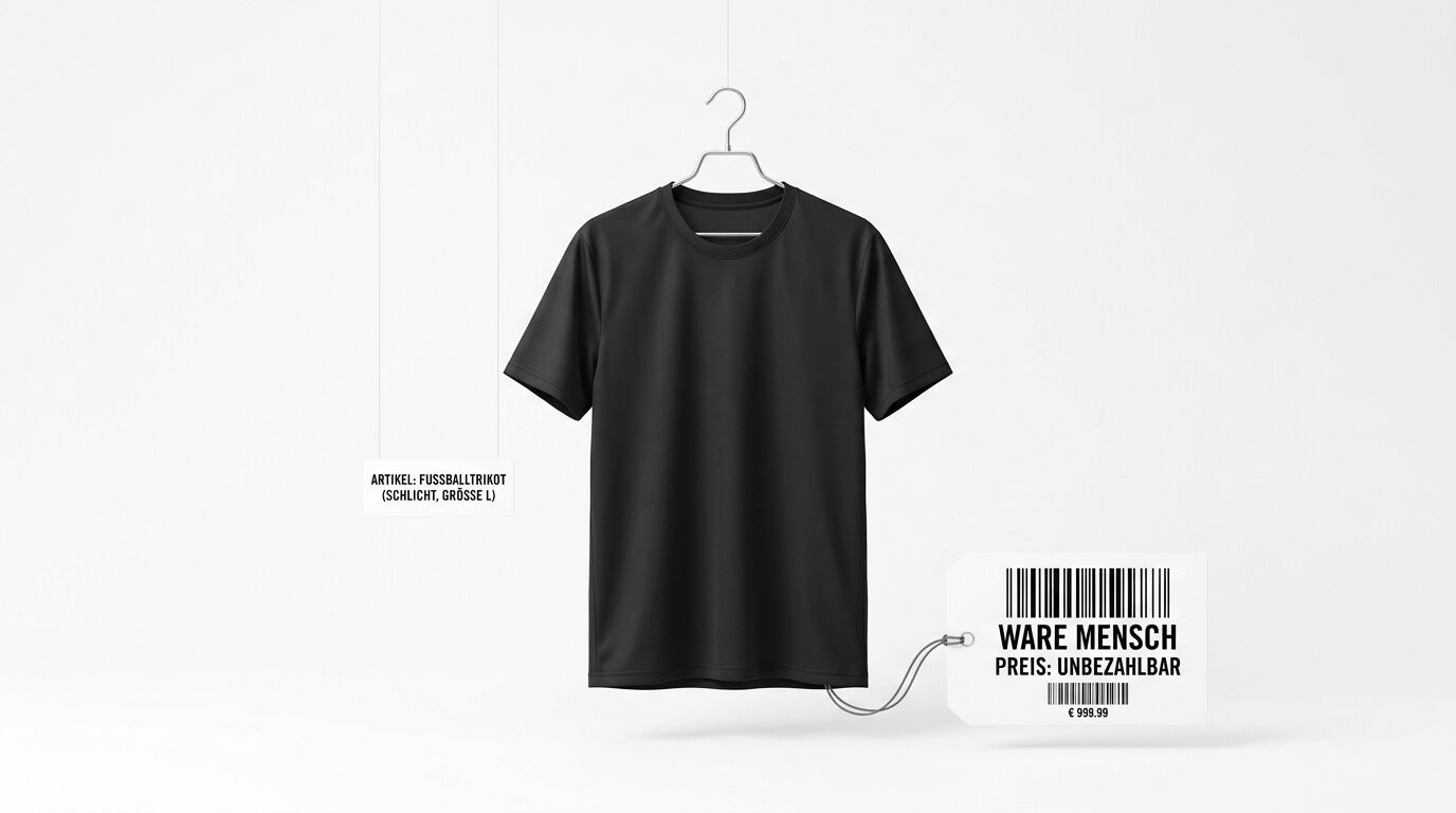 Schwarzes T-Shirt auf Bügel vor weißem Grund mit Preisschildern links und rechts