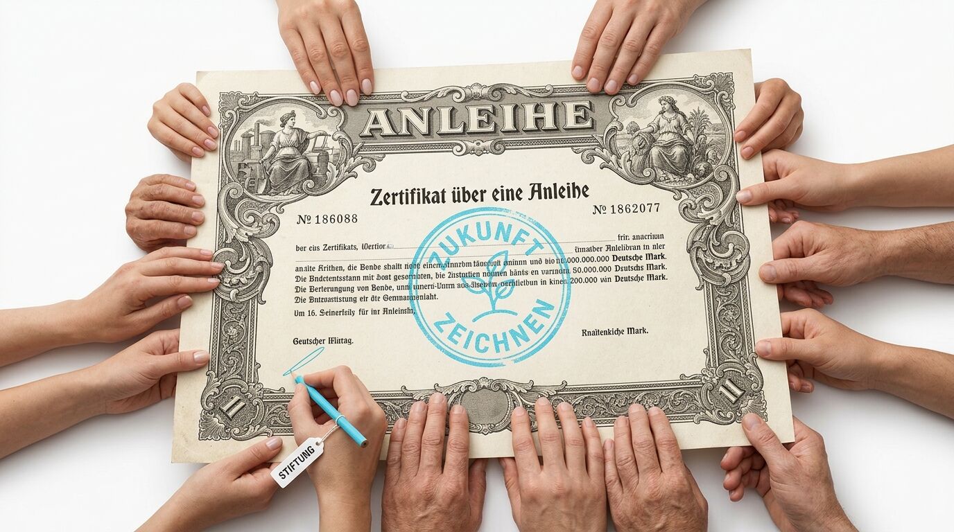 Viele Hände halten ein gestaltetes Zertifikat über eine Anleihe auf weißem Untergrund