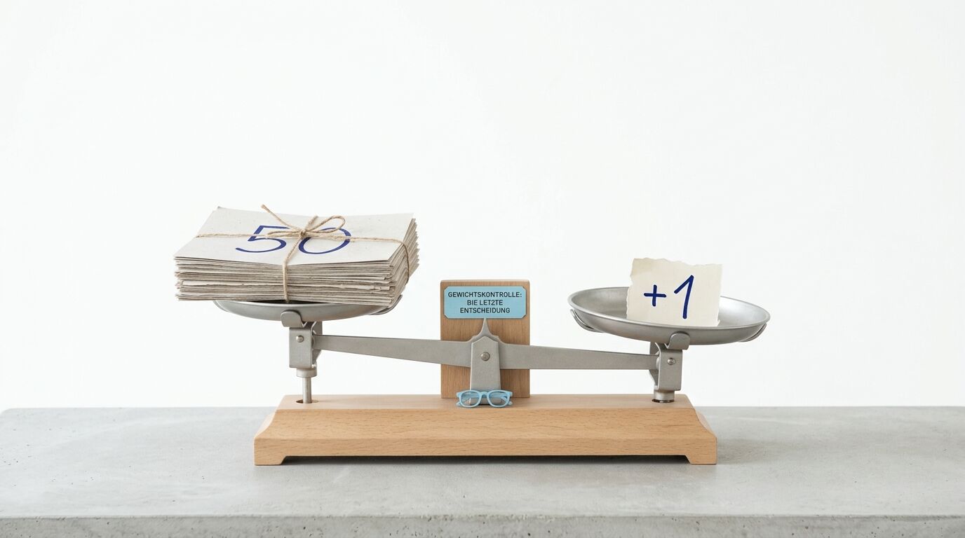 Holz-Waage mit 50 Büchern links und +1 Zettel rechts. In der Mitte ein Schild