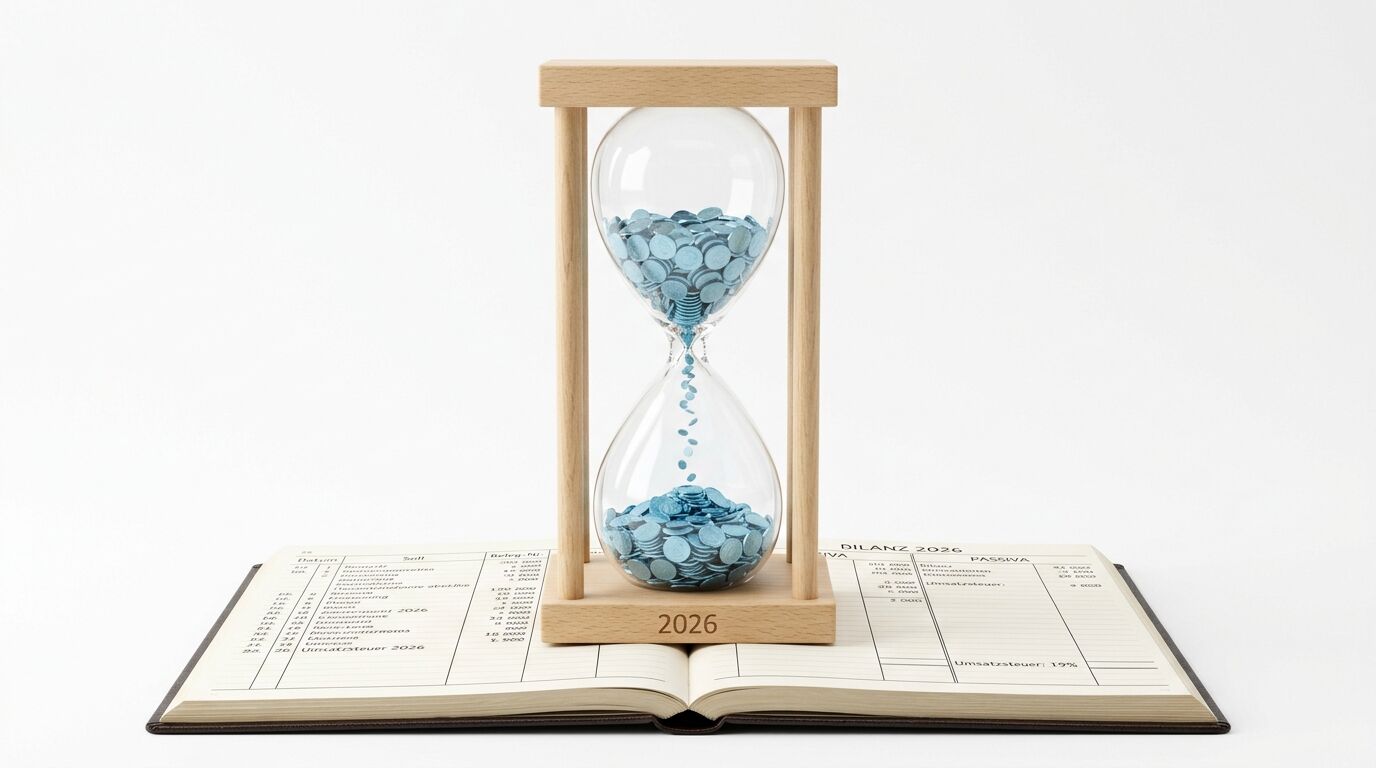Sanduhr mit blauen Münzen auf aufgeschlagenem Buch, auf weißem Hintergrund