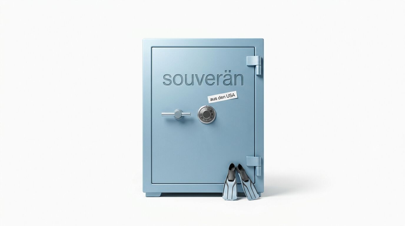 Blauer Safe mit Aufschrift „souverän“ und zwei Schwimmflossen davor, auf weißem Hintergrund