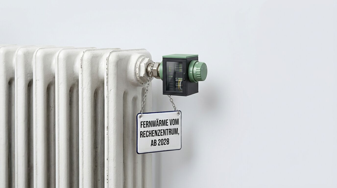 Heizkörper mit Thermostat und Schild: Fernwärme vom Rechenzentrum, ab 2028