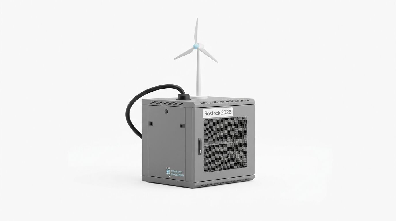 Ein grauer Netzwerkschrank mit einem Windrad darauf und einem Kabel