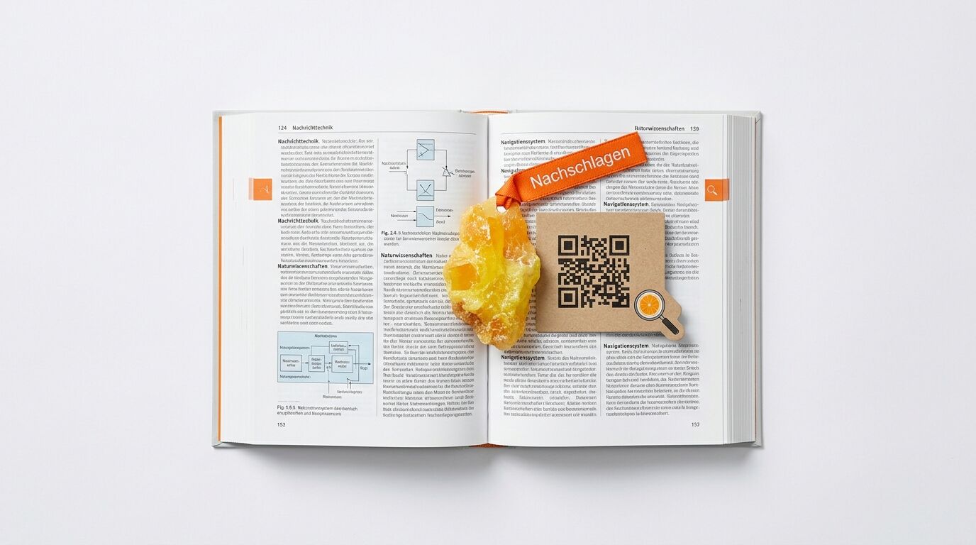 Geöffnetes Buch mit Stein und QR-Code-Karte auf weißem Hintergrund