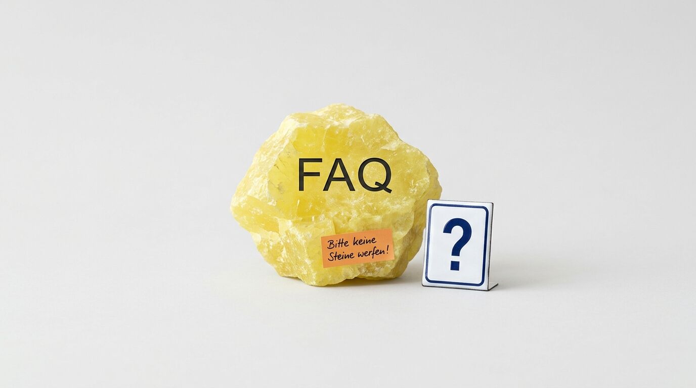 Ein gelber Stein mit „FAQ“, ein Warnhinweis und ein Fragezeichenschild auf grau