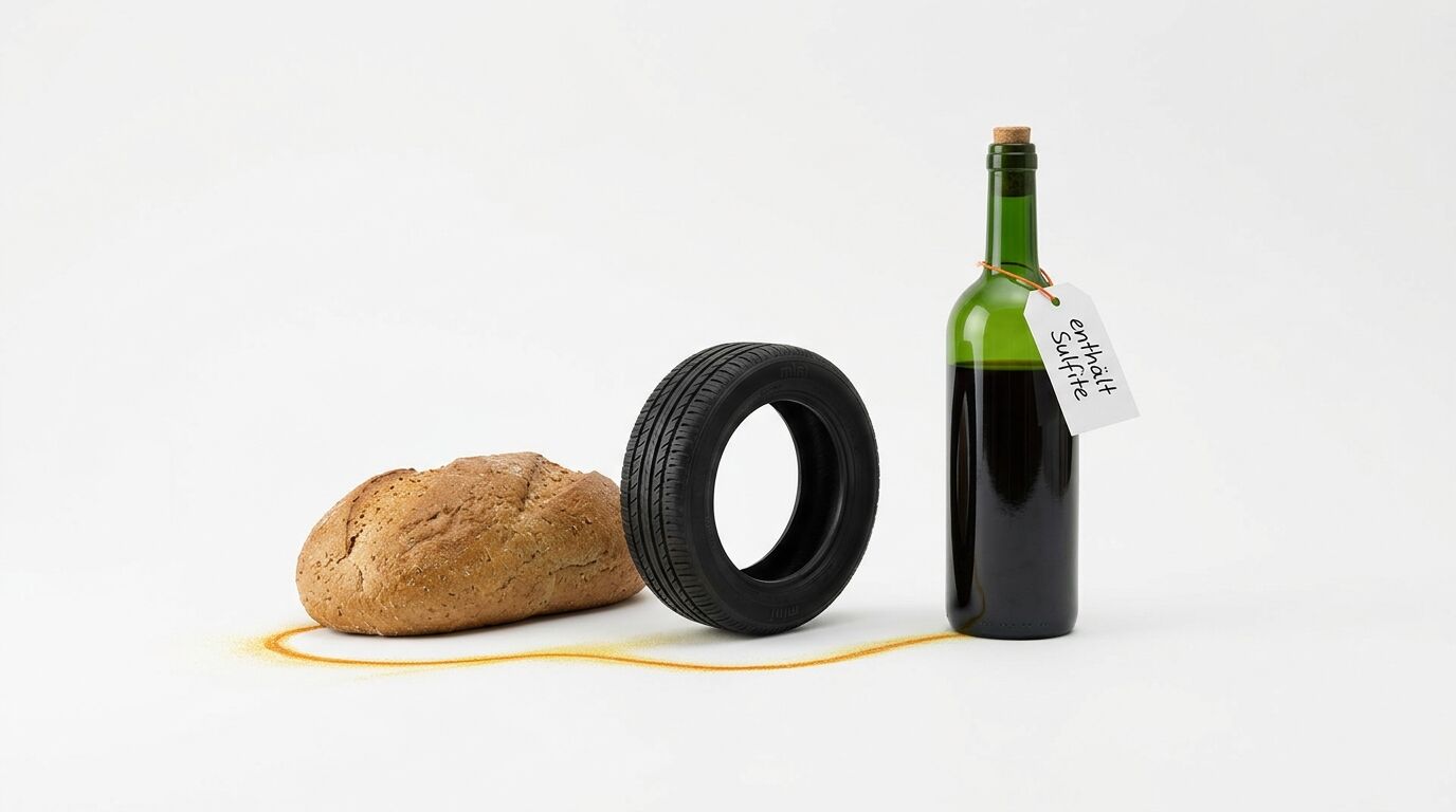 Ein Laib Brot, ein Autoreifen und eine Weinflasche mit Etikett stehen auf weißem Grund