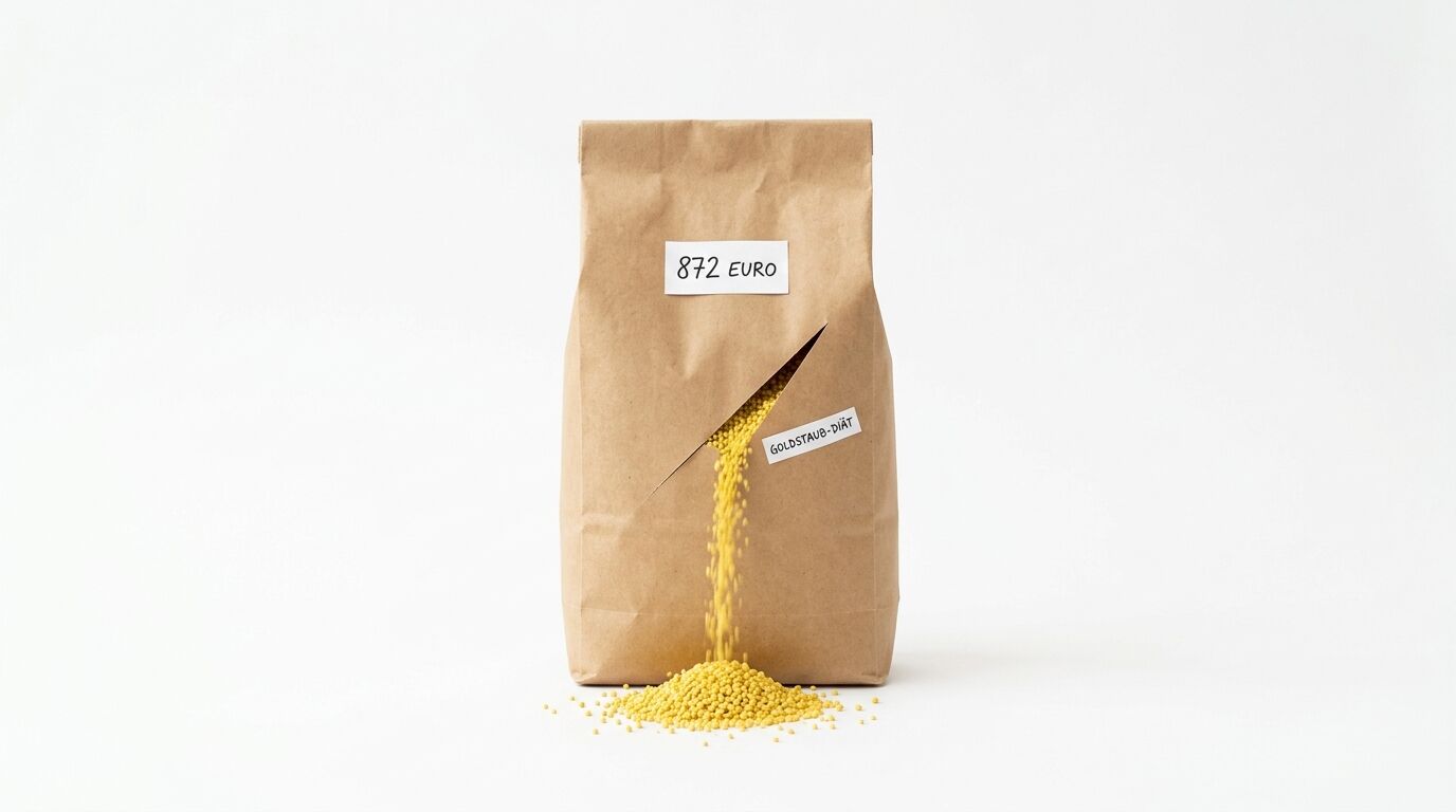 Ein Sack mit der Aufschrift „GOLDSTAUB-DIÄT“ und „872 EURO“, aus dem Körner fließen