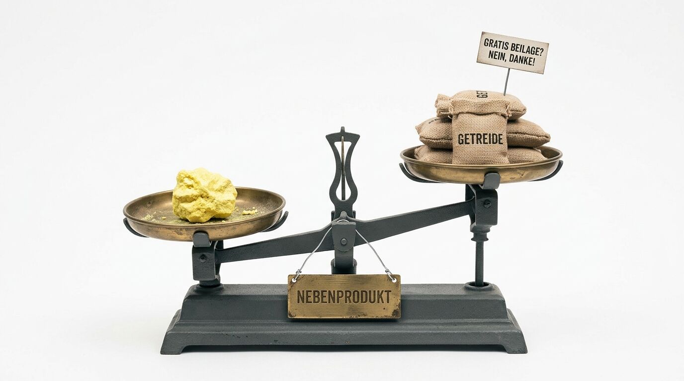 Balkenwaage mit Schwefelklumpen (links) und Getreidesäcken (rechts); Schild: „NEBENPRODUKT“