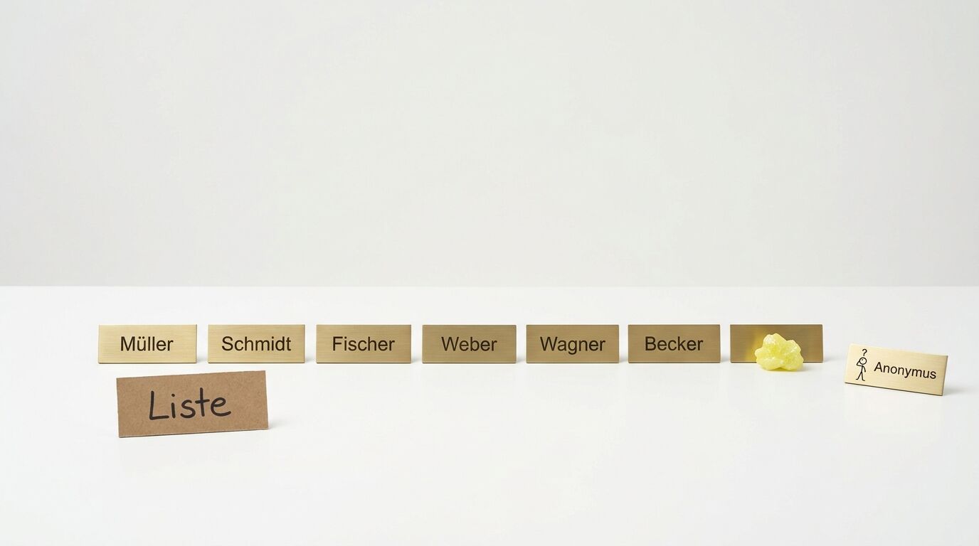 Sieben Messingschilder mit Namen und Stein, dazu ein braunes Schild „Liste“ auf weißer Fläche