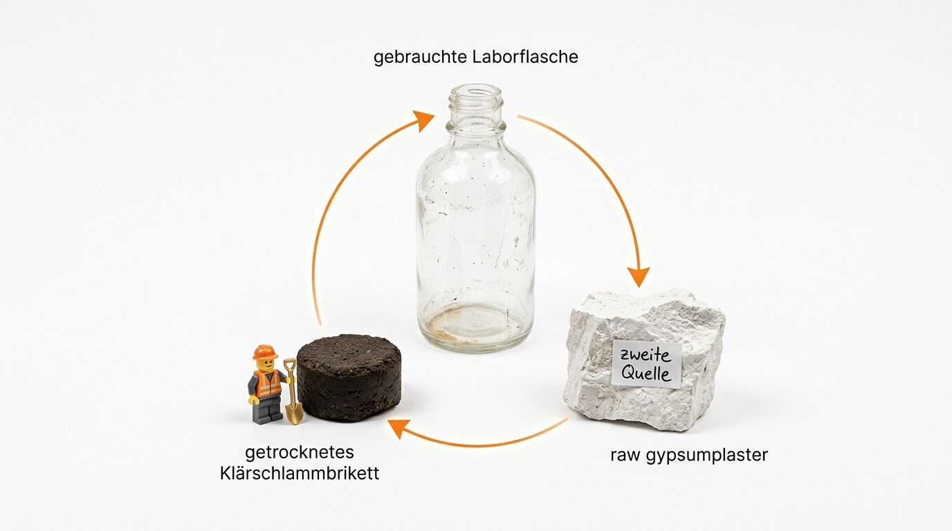 Zyklus-Diagramm: Laborflasche, Gipskreide, Klärschlammbrikett und Minifigur