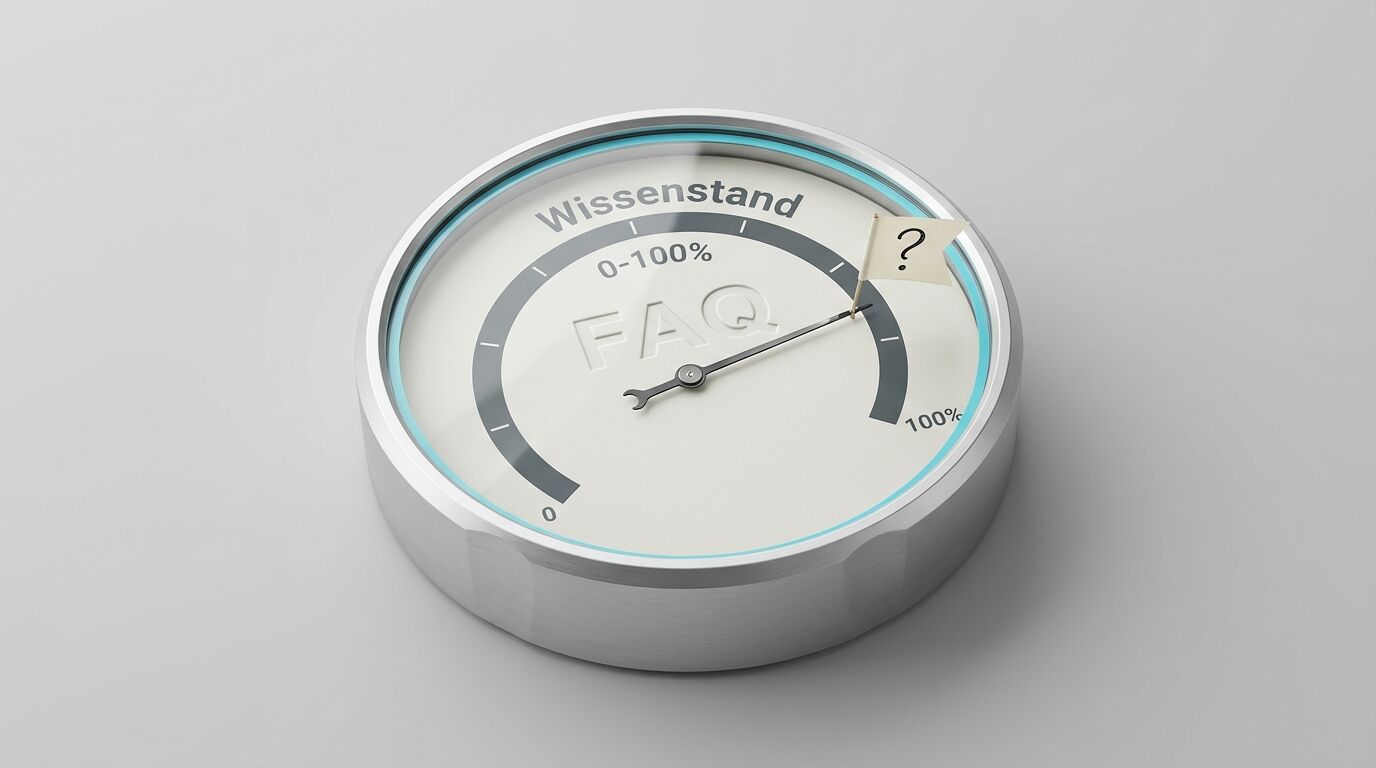 Anzeigeinstrument „Wissenstand“ mit Nadel auf „FAQ“, dazu eine Fahne mit Fragezeichen