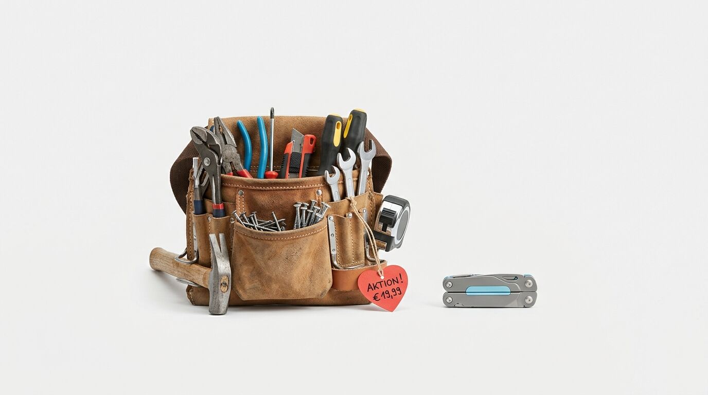 Leder-Werkzeuggürtel mit Werkzeug, Hammer und Multitool sowie Aktionspreis-Schild
