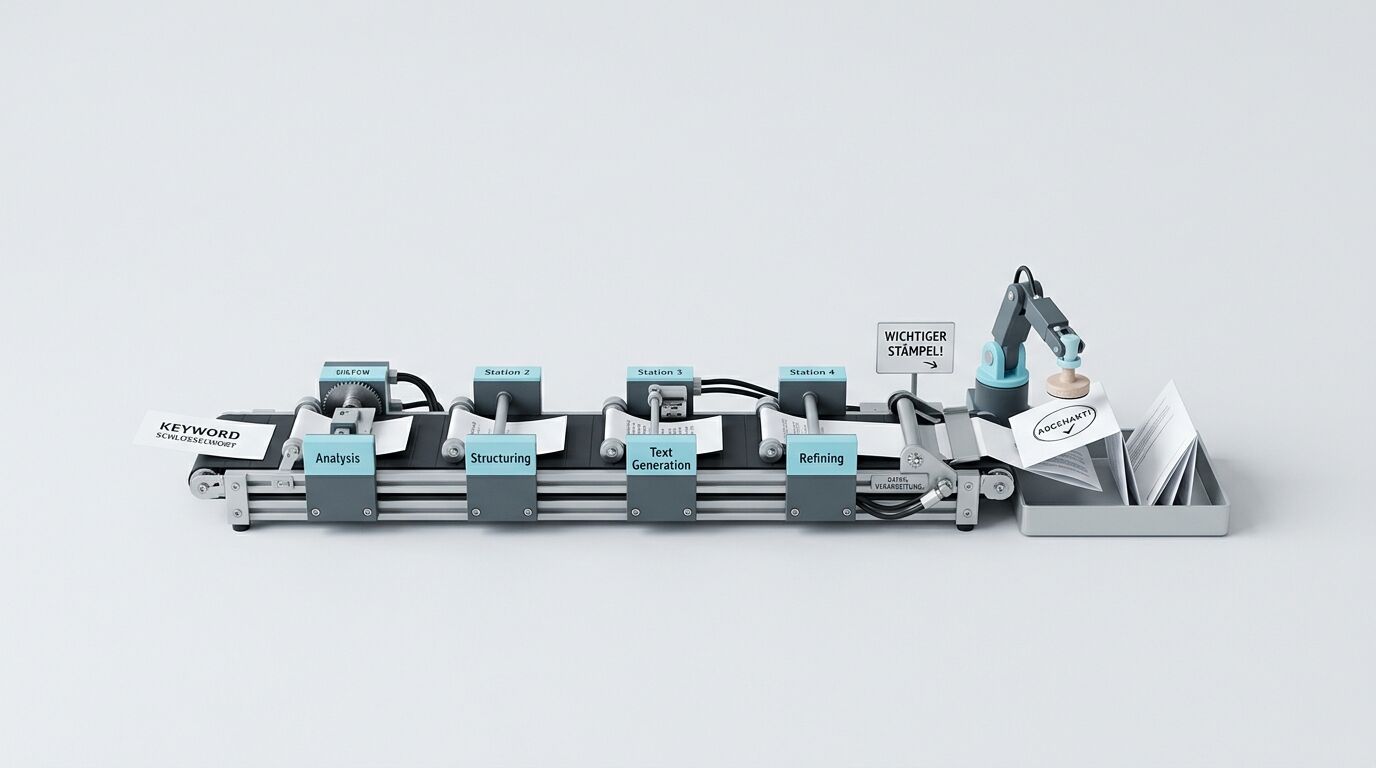 Fließband zur Textverarbeitung, beschriftete Stationen, Roboterarm und Stempel