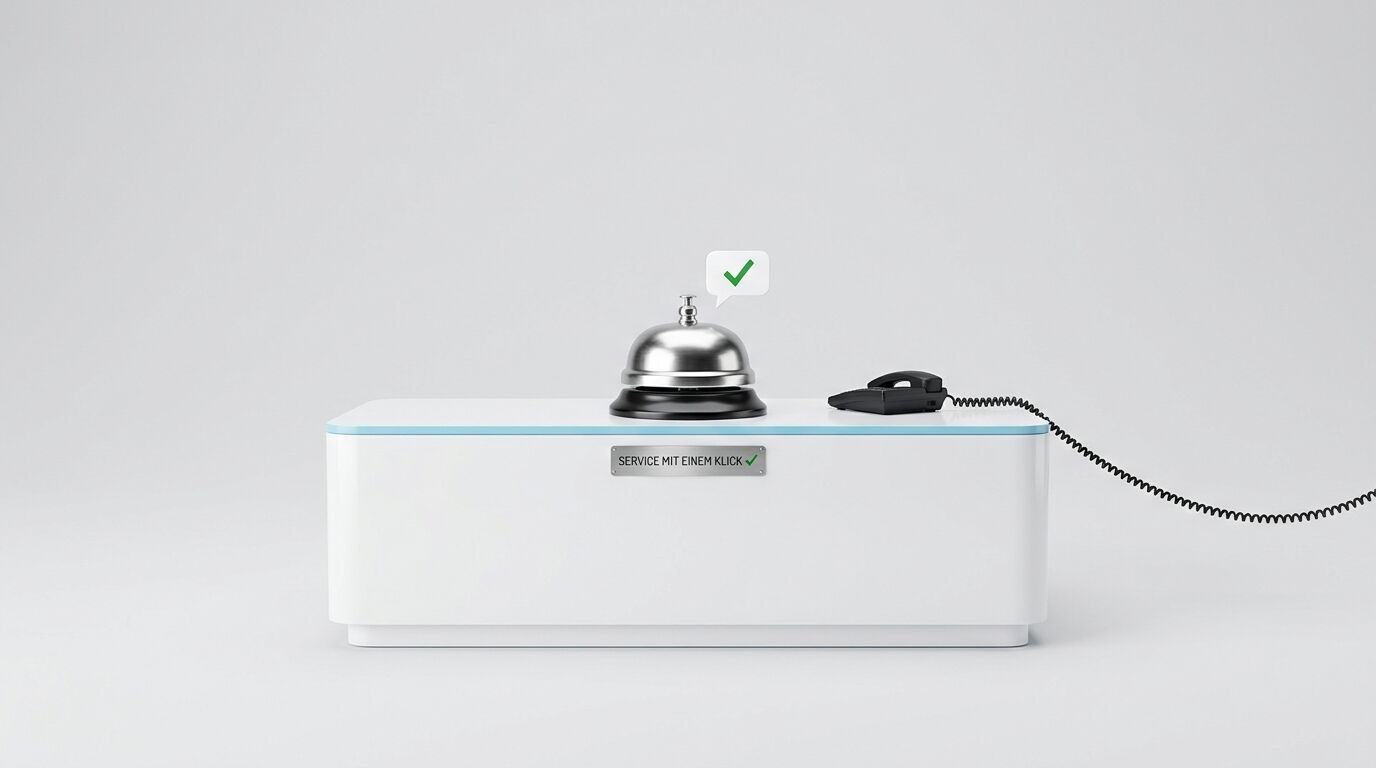 Rezeption mit Glocke und Telefon auf weißem Grund und Beschriftung