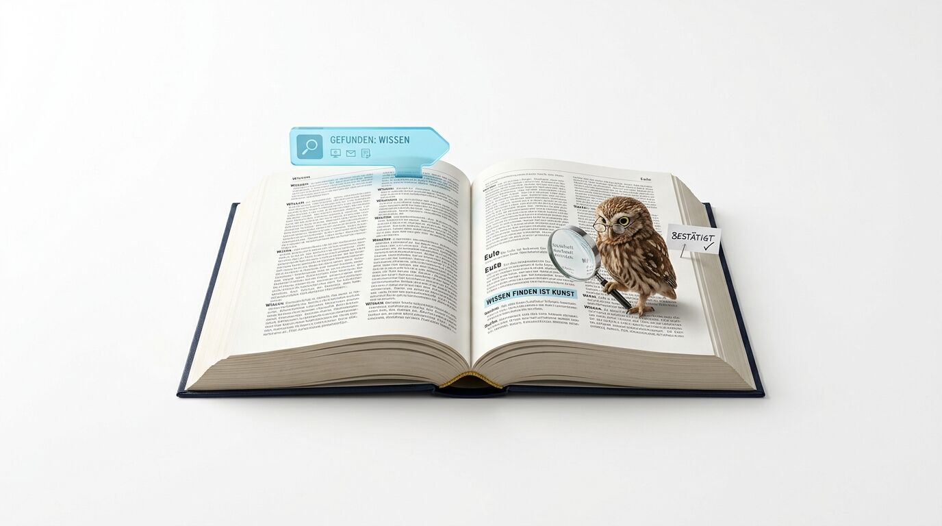 Eule mit Lupe auf offenem Buch mit deutschem Text und