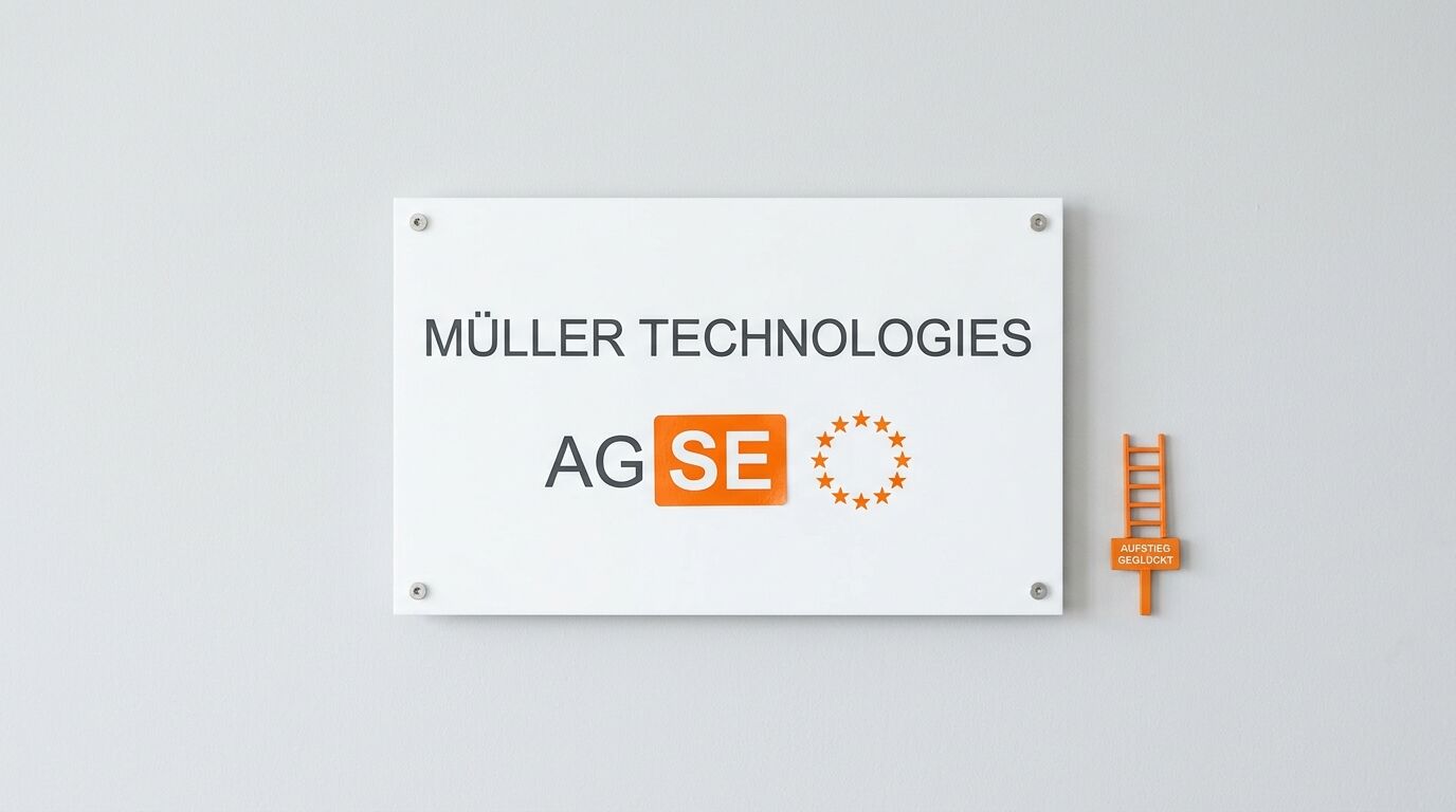 Wandschild Müller Technologies, AG SE mit EU-Sternen und kleiner oranger Leiter daneben