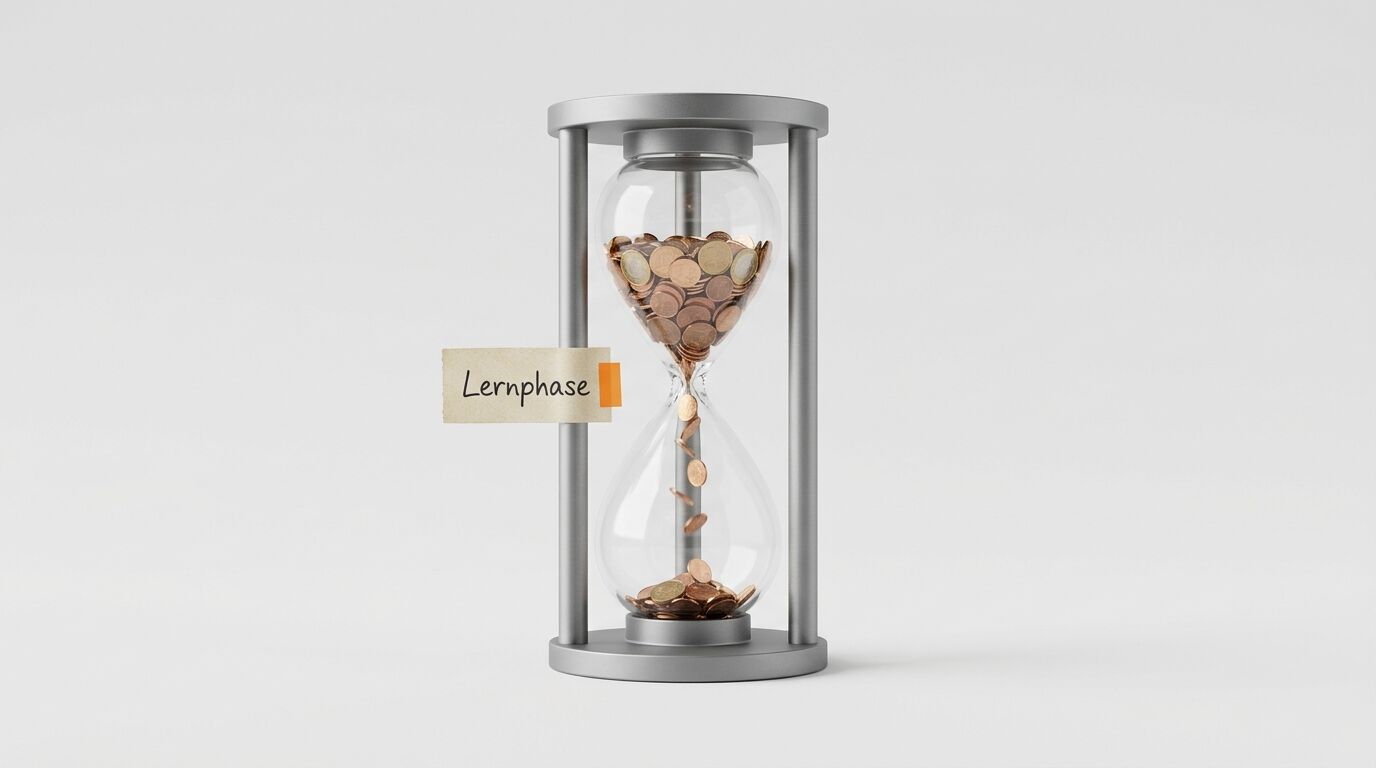 Sanduhr mit Münzen statt Sand, beschriftet mit "Lernphase", auf grauem Hintergrund