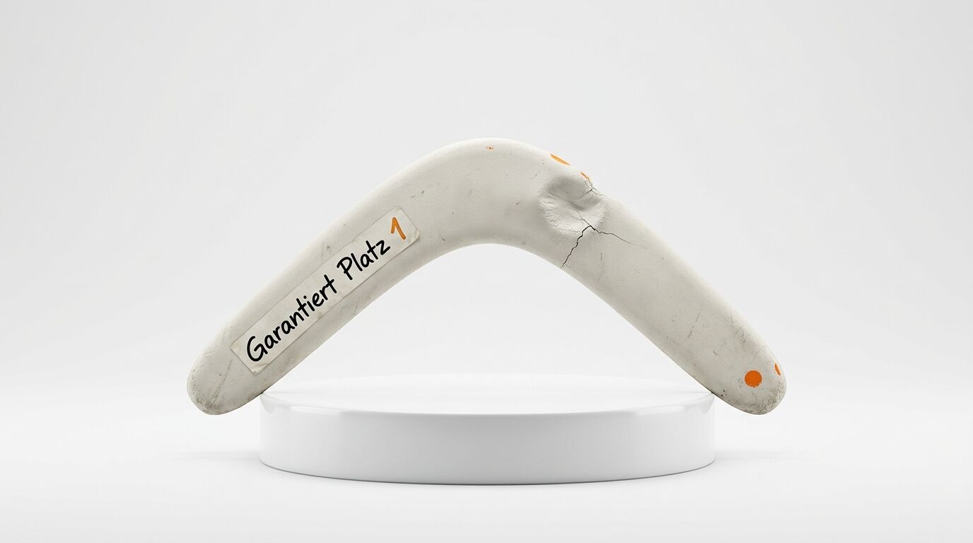 Ein weißer Bumerang mit der Aufschrift "Garantiert Platz 1" und orangefarbenen Markierungen liegt auf einer weißen Plattform
