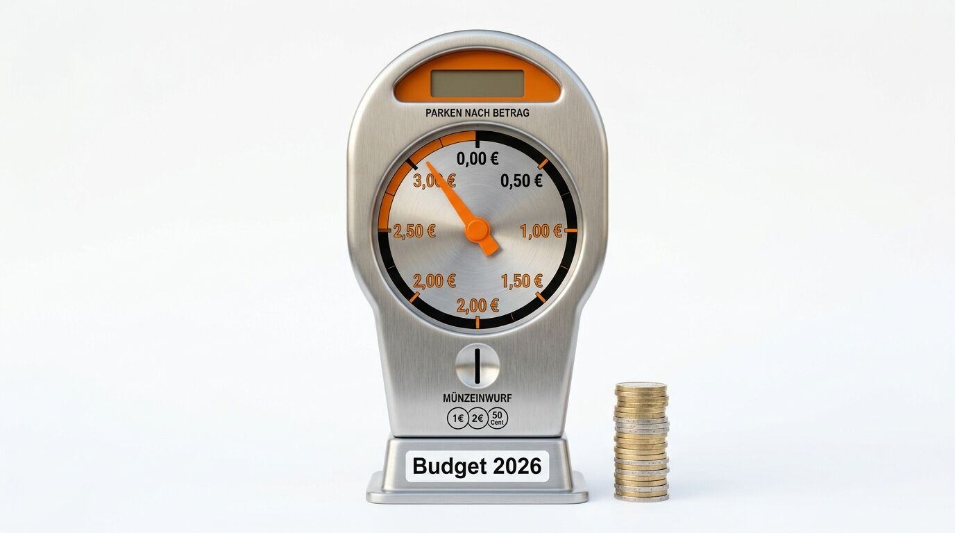 Parkuhr zeigt "Budget 2026" mit Münzeinwurf für 1€, 2€ und 50 Cent, daneben Münzenstapel