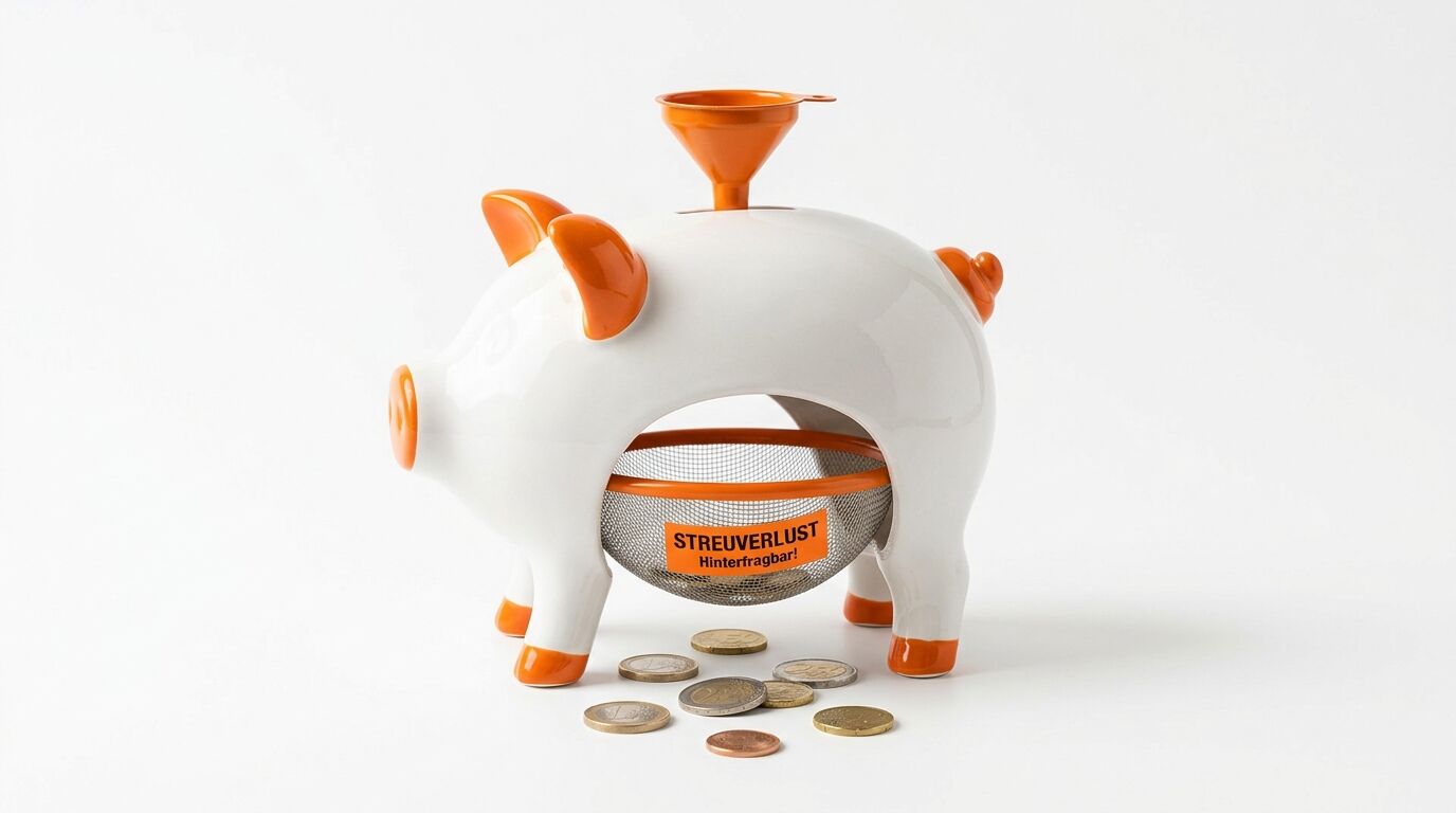 Sparschwein aus Keramik in Weiß und Orange mit Münzen davor und Aufschrift "Streuverlust Hinterfrag!"