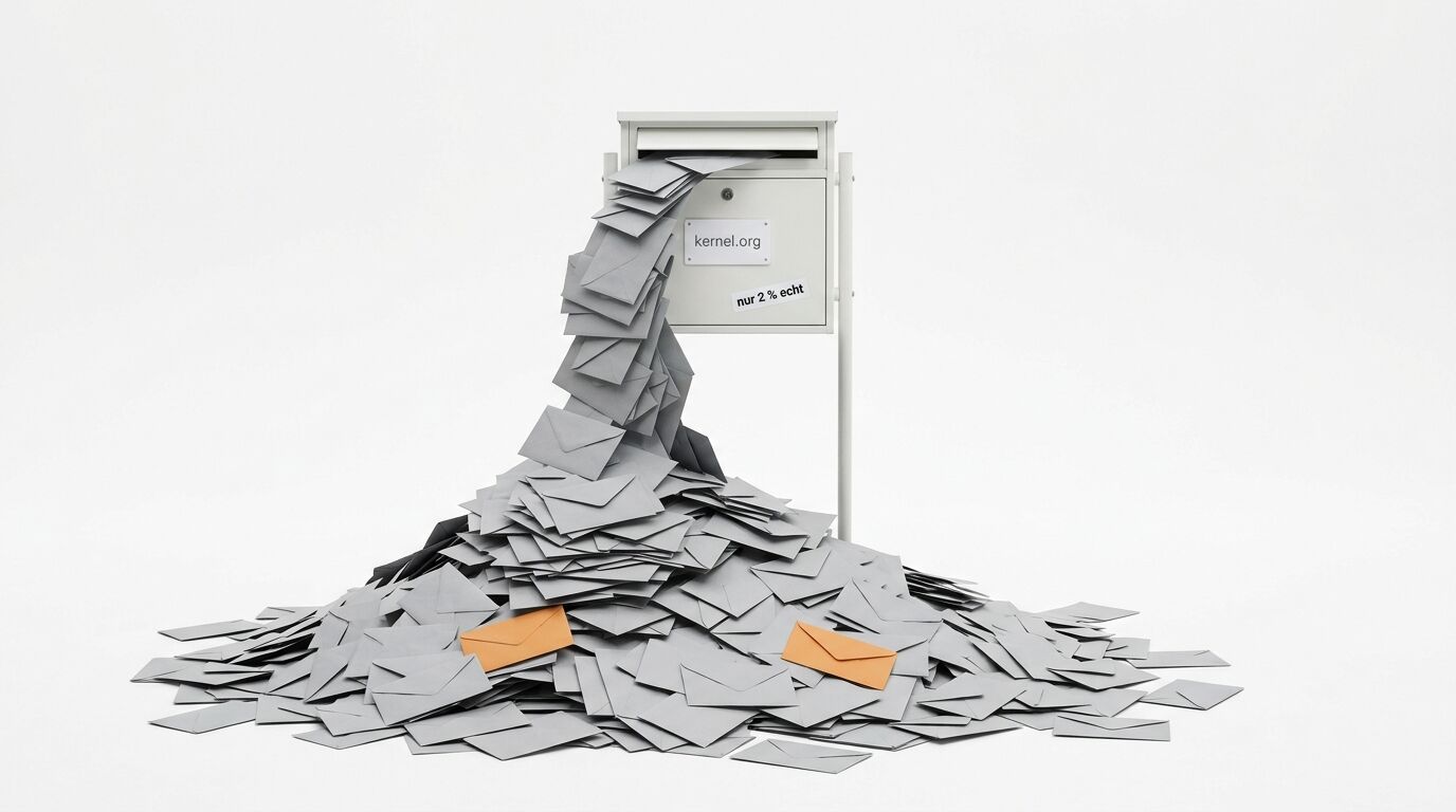 Briefkasten mit „kernel.org“, quillt über vor grauen Briefen, darunter zwei orangefarbene