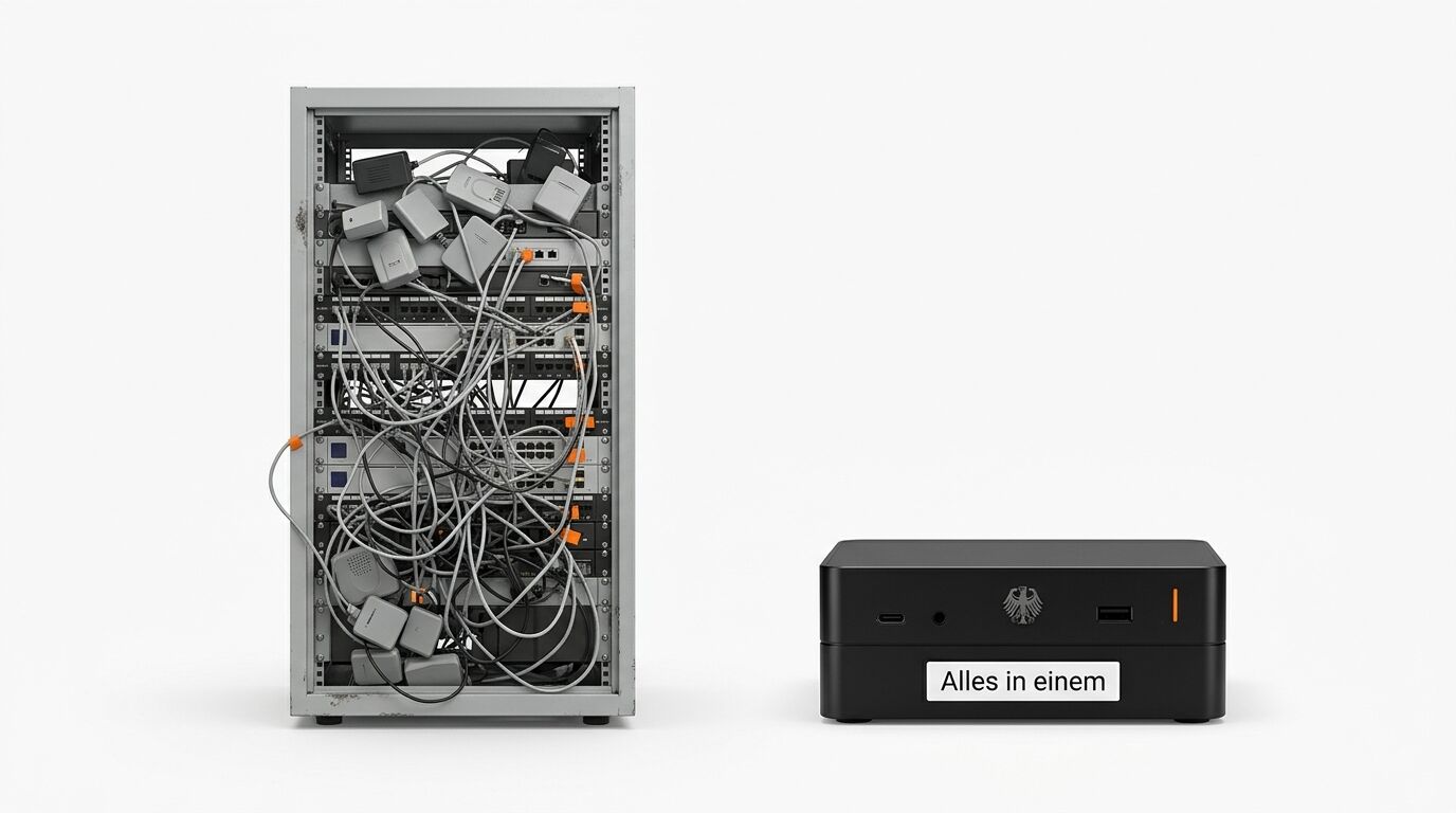 Vergleich von Kabelsalat in Rack und kompaktem Mini-PC vor weißem Hintergrund