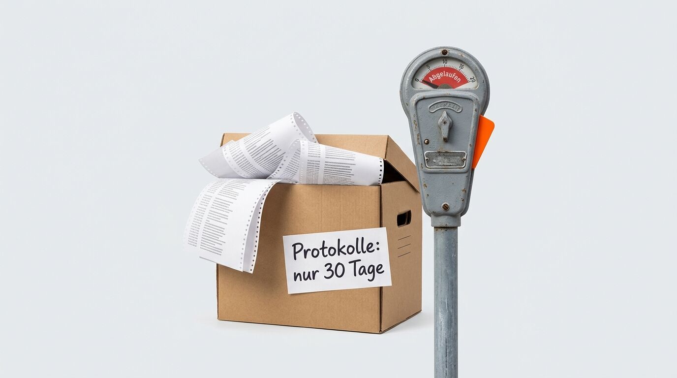 Alte Parkuhr auf „Abgelaufen“, Karton mit Papieren daneben. Auf Karton Zettel „Protokolle: nur 30 Tage“