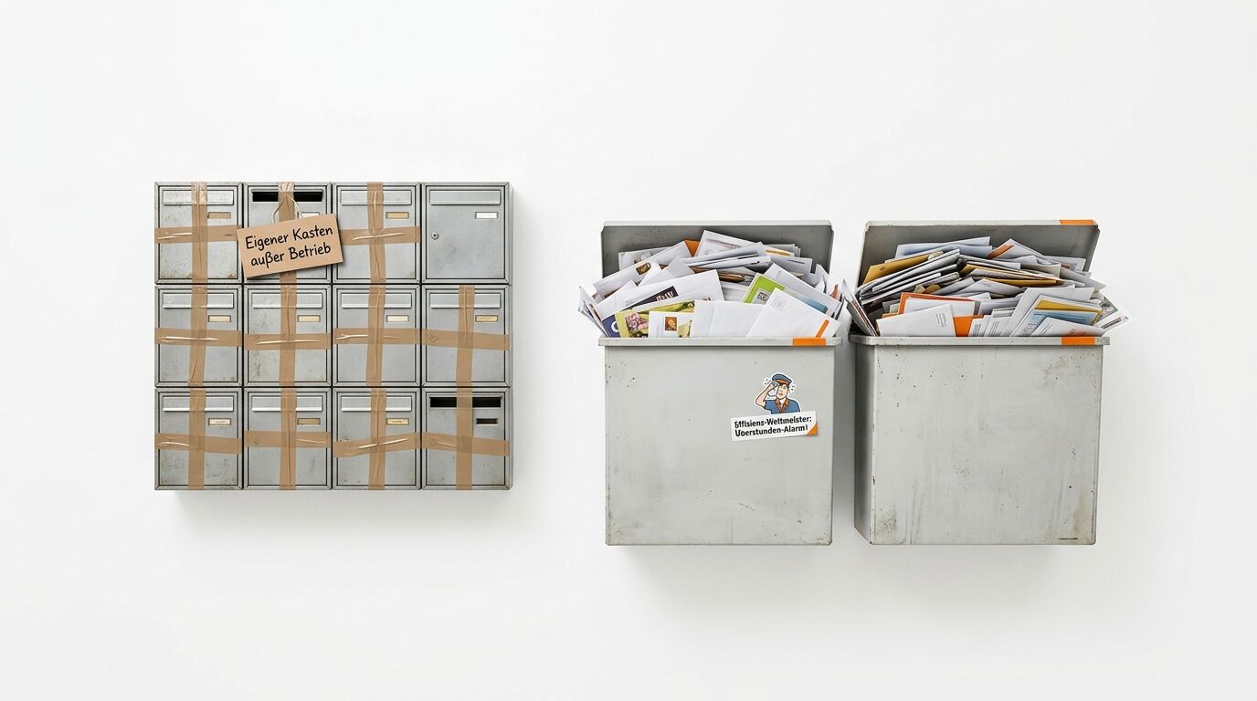 Verklebte Briefkästen und zwei überquellende Tonnen vor weißer Wand