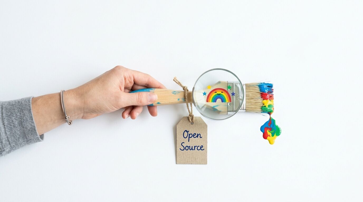 Hand hält Pinsel mit Lupe (Regenbogen), „Open Source“-Schild und Farbtropfen