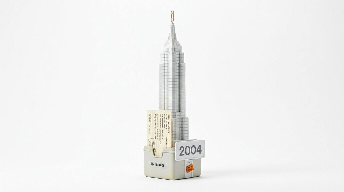 Empire State Building-Modell aus Karteikarten mit Büroklammer oben, vor weißem Hintergrund