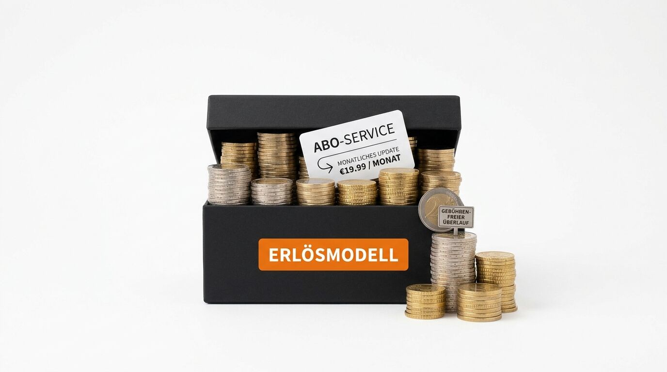 Schatzkiste voller Münzen mit Aufschrift „Erlösmodell“ und Schild „Abo-Service“