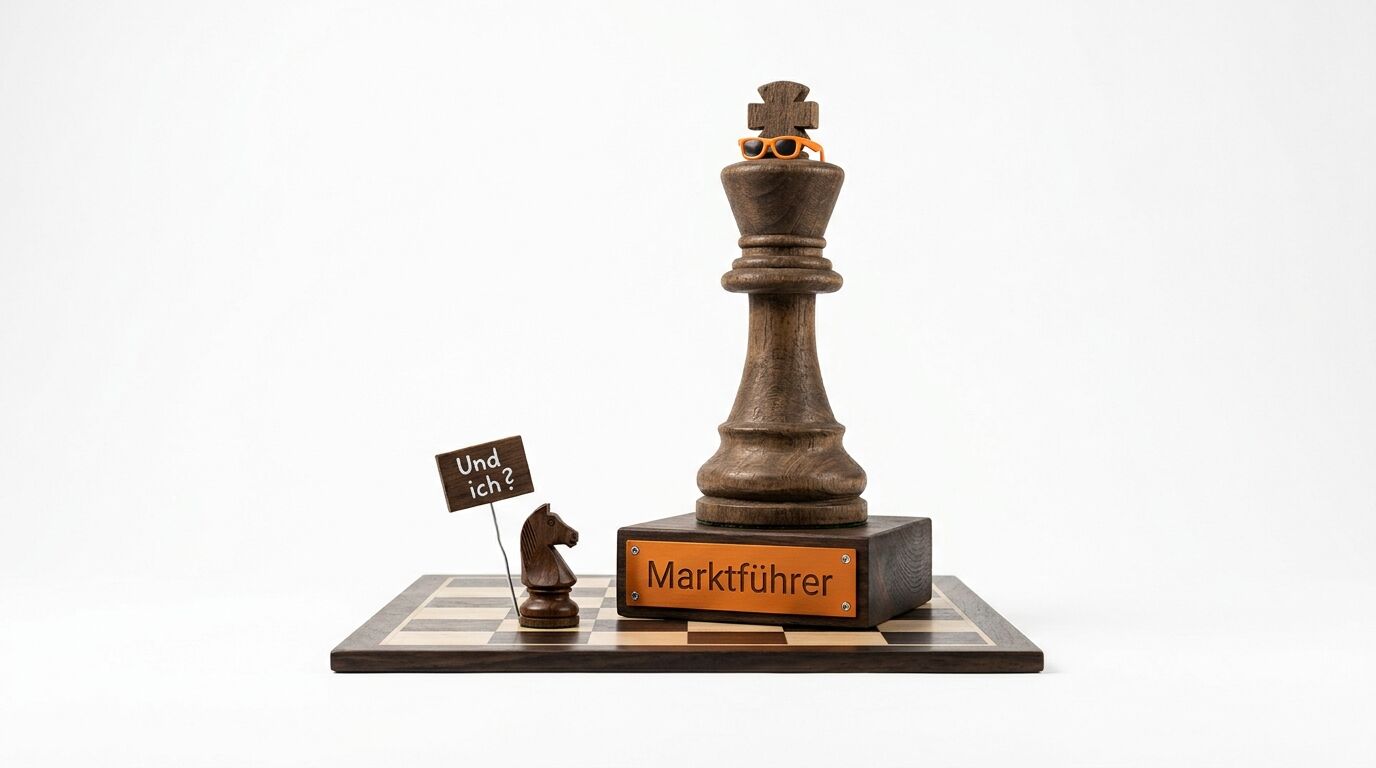 Schachkönig mit Sonnenbrille auf Podest „Marktführer“, daneben Springer mit Schild „Und ich?“