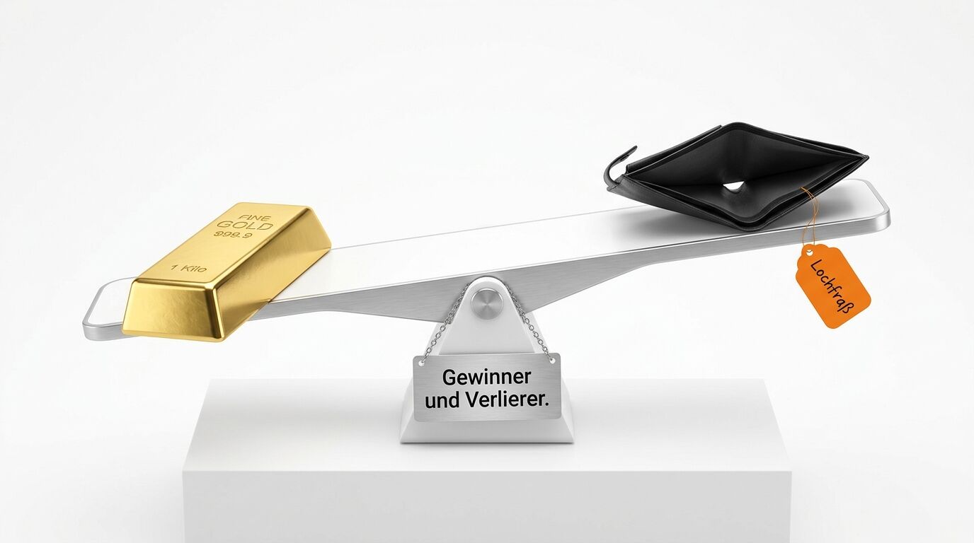 Wippe mit Goldbarren und leerem Portemonnaie vor weißem Hintergrund