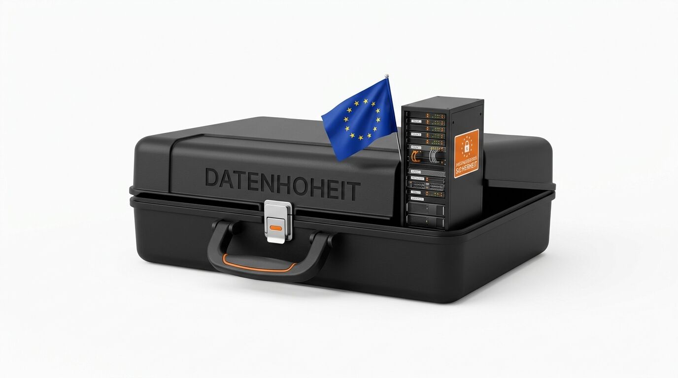 Koffer mit Server, EU-Flagge und Aufschrift DATENHOHEIT auf weißem Hintergrund