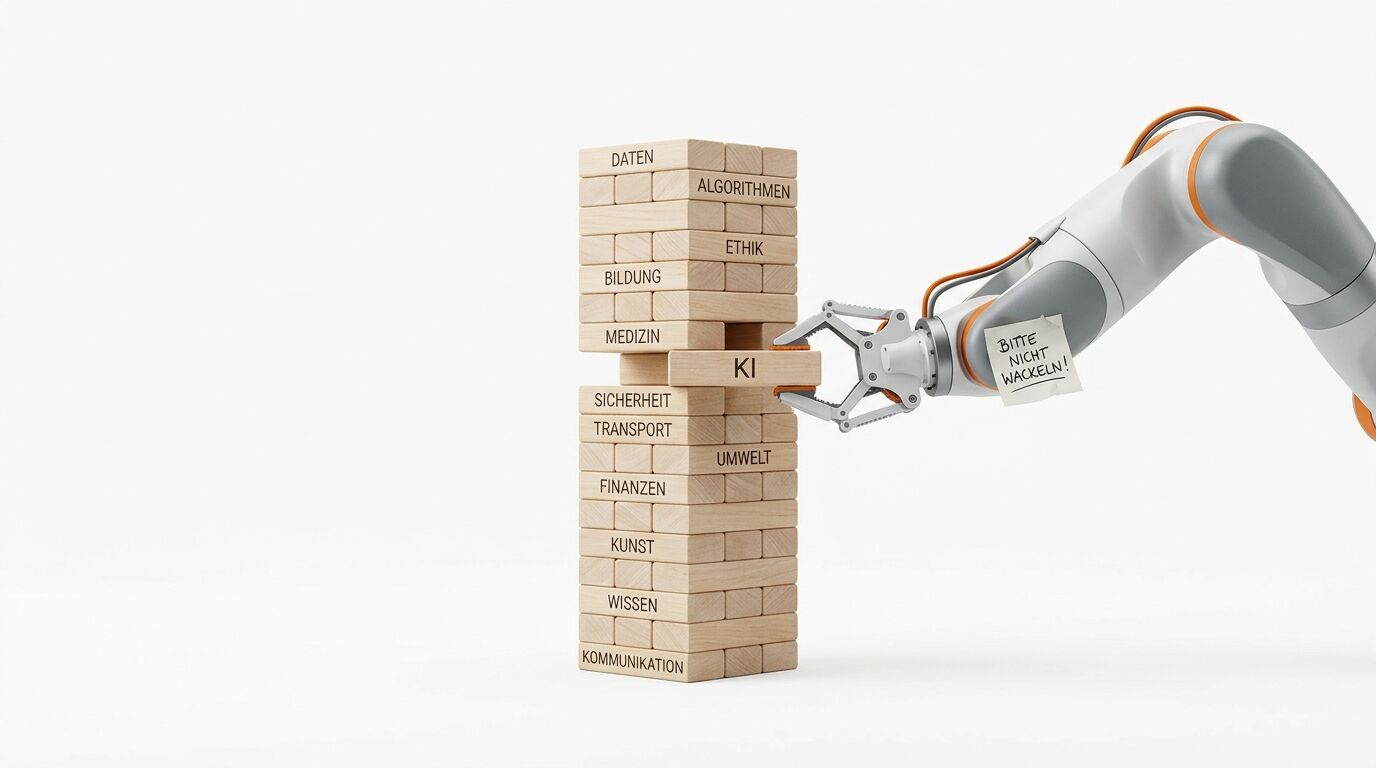 Roboterarm zieht Holzklotz „KI“ aus Jenga-Turm mit Begriffen vor weißem Hintergrund