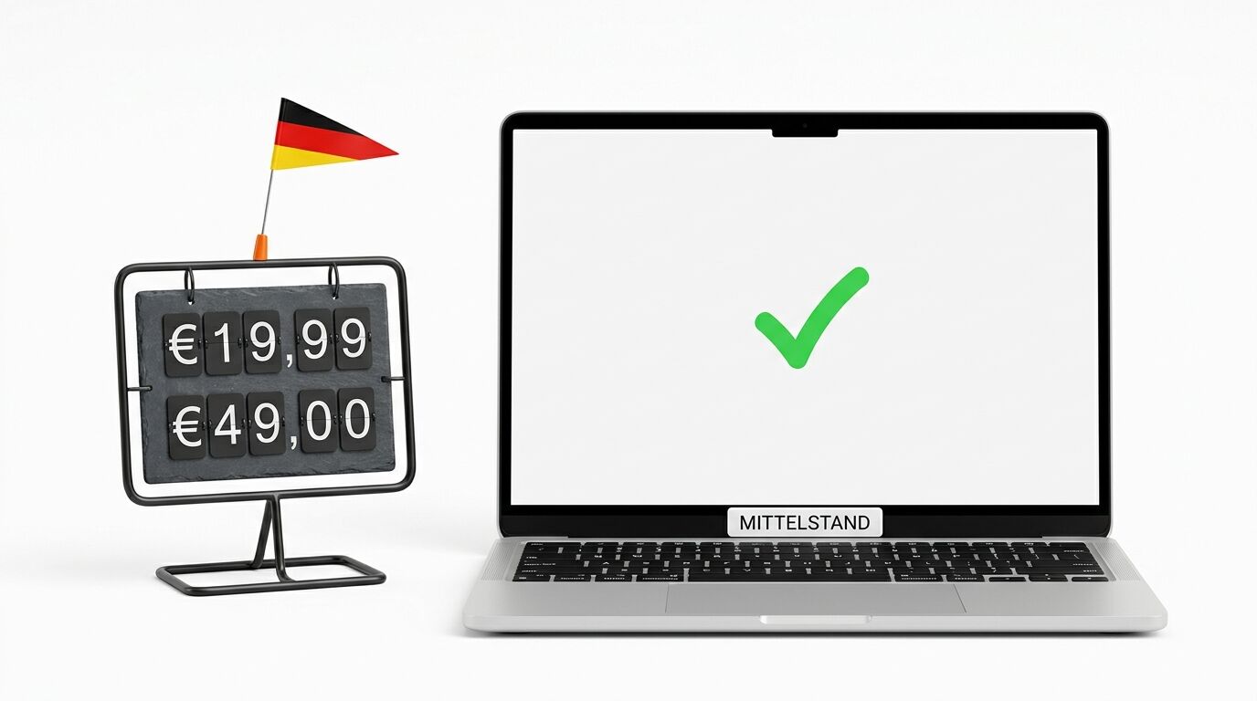 Ein Laptop zeigt ein Häkchen, daneben eine Preistafel mit Euro-Beträgen und Deutschlandfahne
