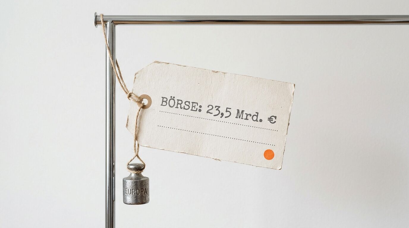 An einem Metallständer hängt ein Schild mit der Aufschrift „BÖRSE: 23,5 Mrd. €“ und ein Gewicht mit „EUROPA“