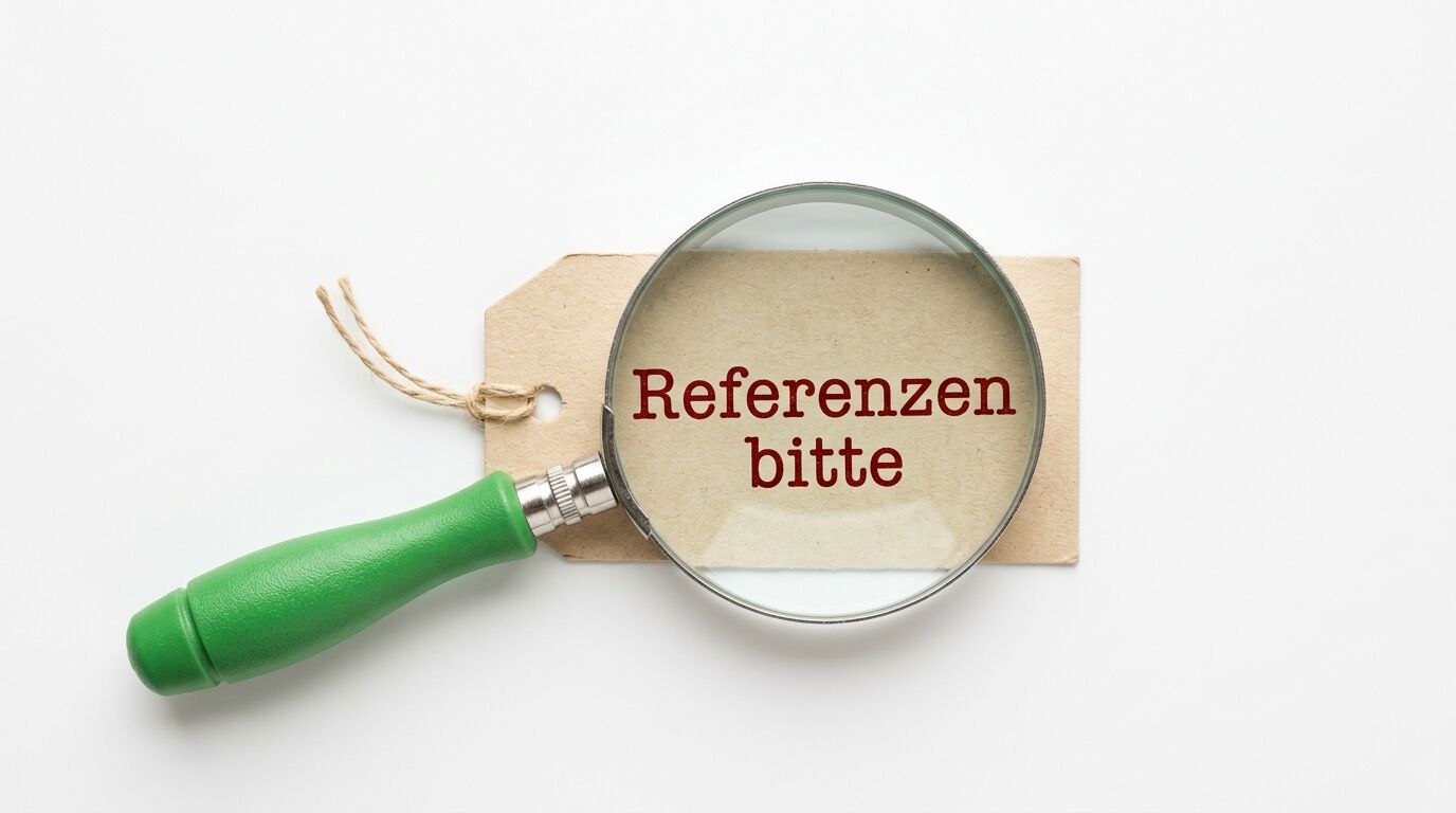 Lupe mit grünem Griff zeigt auf Papieretikett mit Text "Referenzen bitte"