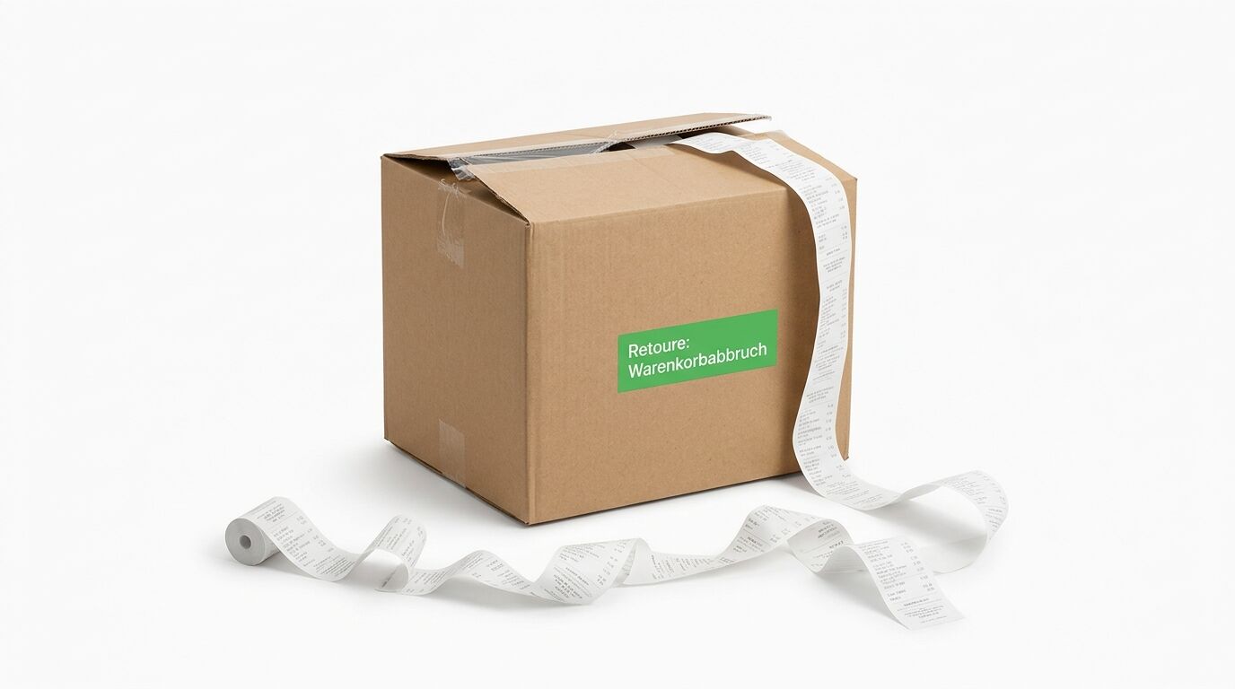 Paketkarton mit grünem Label "Retoure: Warenkorbarbruch" und aufgerolltem Papierband auf weißem Hintergrund