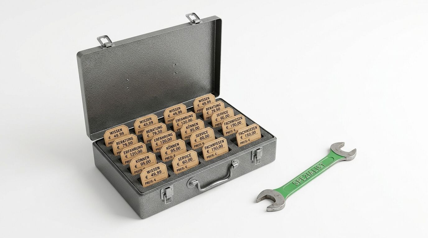 Metallkoffer mit Holzblöcken verschiedener Serviceleistungen und Preise, daneben ein grüner Schraubenschlüssel
