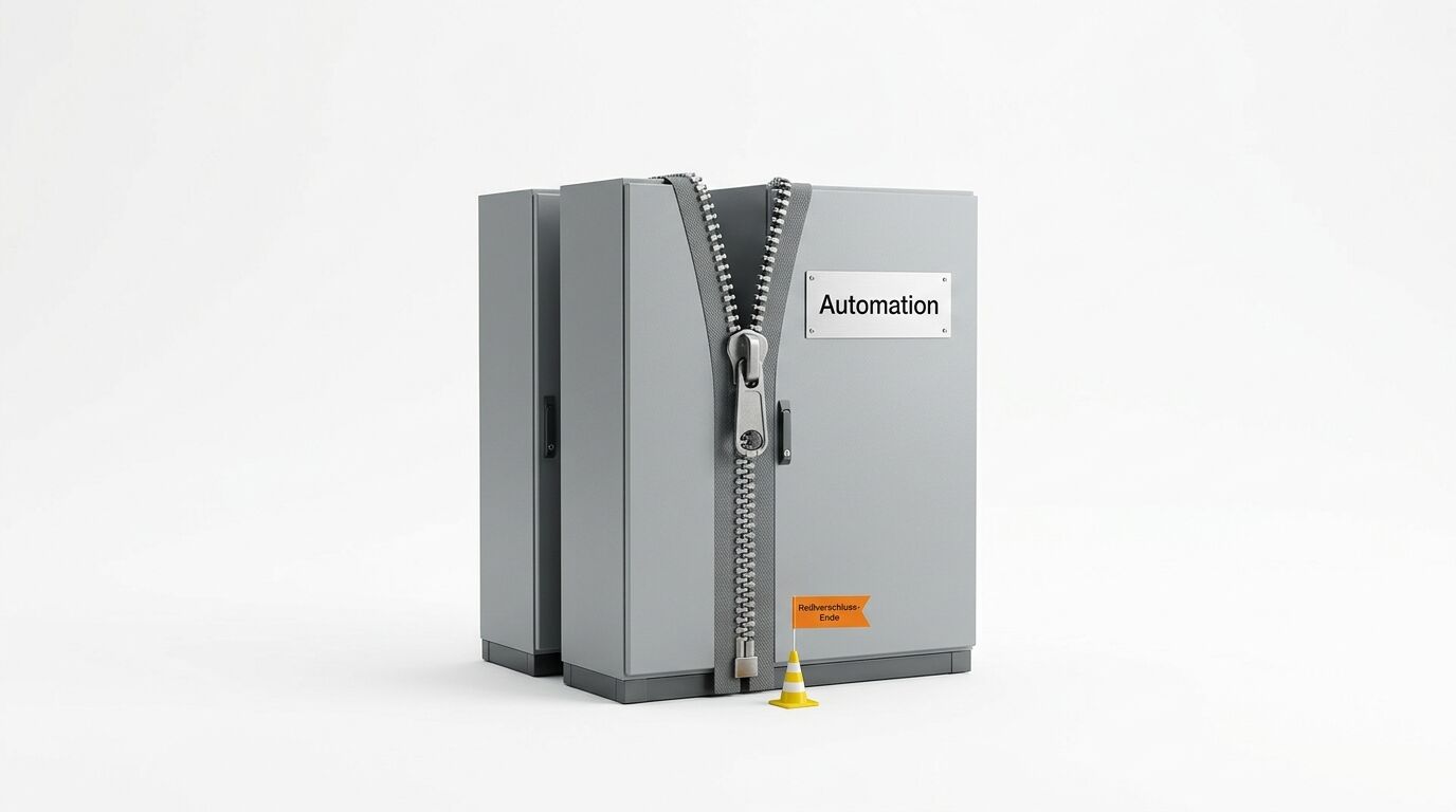 Grauer Schaltschrank mit Reißverschluss und Schild „Automation“ vor weißem Hintergrund