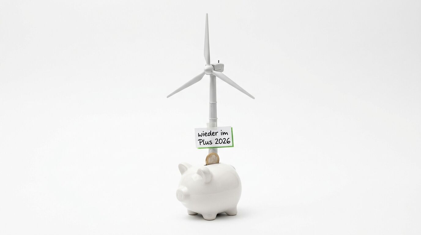 Modellwindrad auf Sparschwein mit Euro-Münze und Zettel „wieder im Plus 2026“ auf weiß