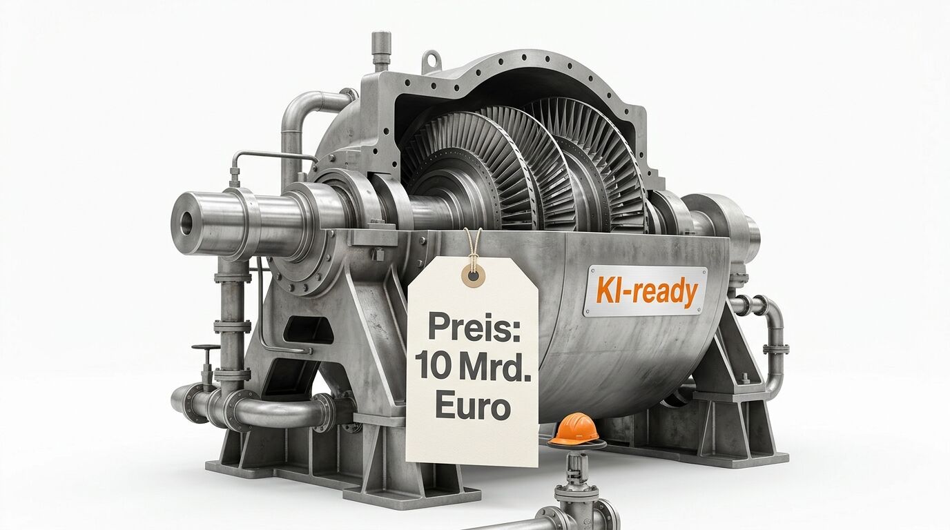 Metall-Dampfturbine auf weißem Grund mit Preisschild, Helm und Aufschrift „KI-ready“