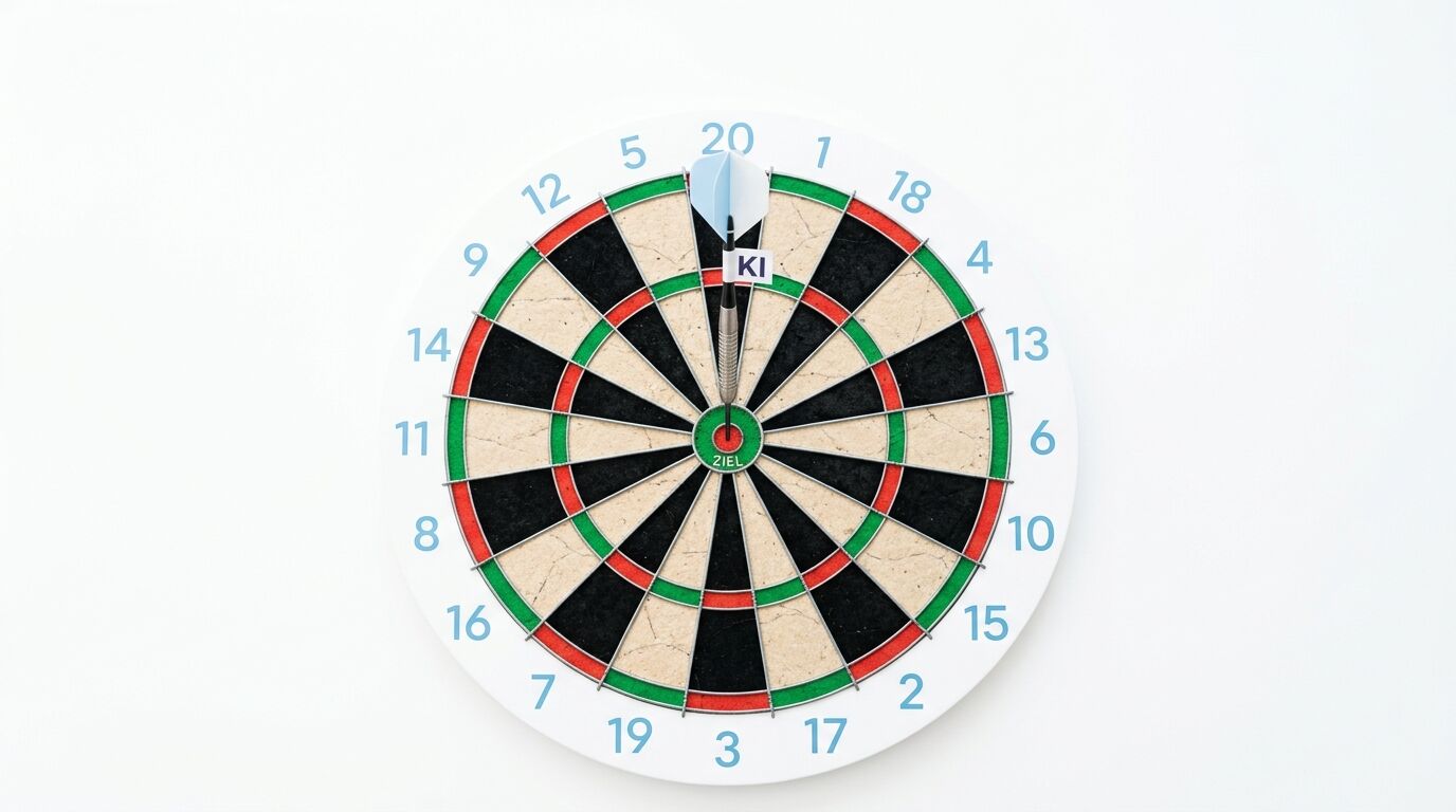 Dartscheibe mit Pfeil in der Mitte, beschriftet mit „ZIEL“ und „KI“ (Künstliche Intelligenz)