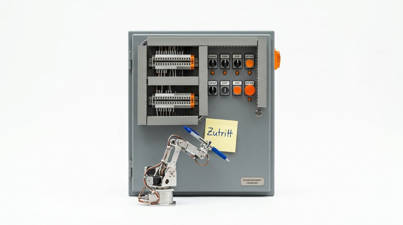 Roboterarm mit Stift vor offenem Schaltschrank und Notizzettel 