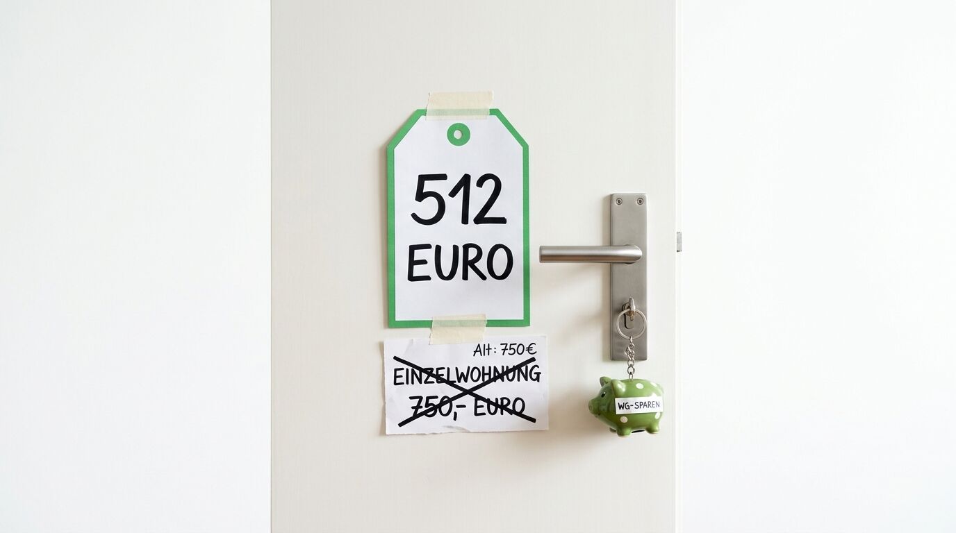 Wohnungstür mit Mietpreis-Zettel (512 EURO), durchgestrichener 750,– und Schweinchen-Schlüsselring
