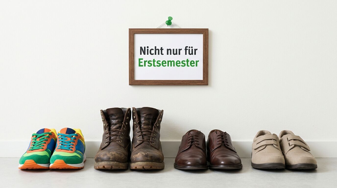 Vier verschiedene Schuhpaare vor einer Wand mit eingerahmtem Text