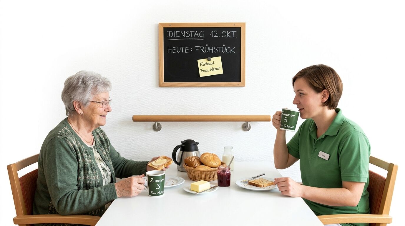 Seniorenpflegerin und ältere Frau frühstücken zusammen an einem Tisch