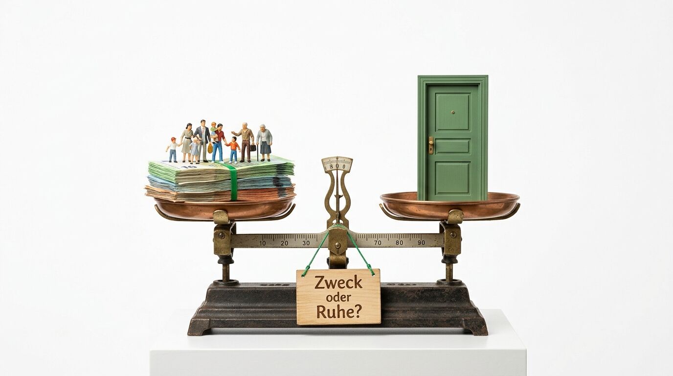 Balkenwaage mit Geld/Familie und Tür, Schild „Zweck oder Ruhe?“