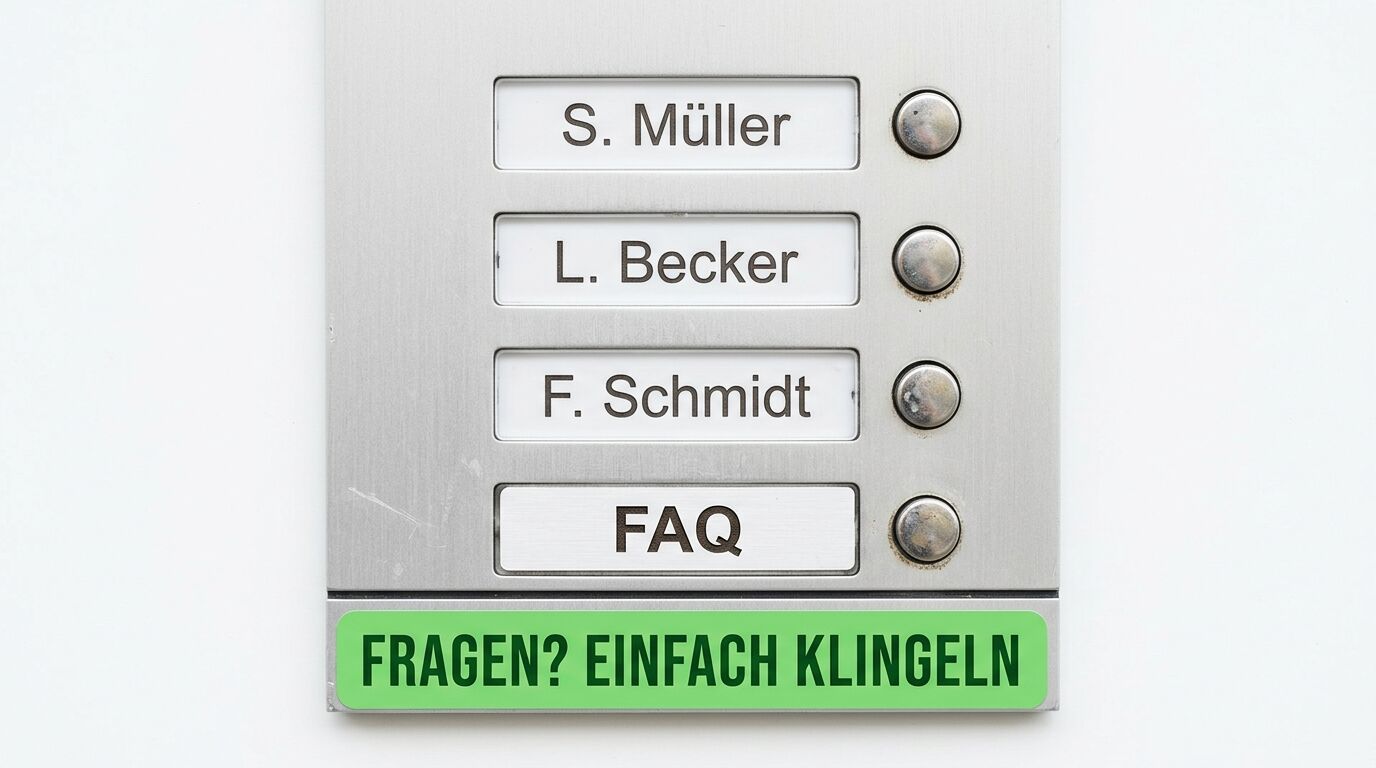 Gegensprechanlage mit drei Namen und FAQ-Knopf, darunter ein grünes Schild: